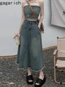 Work Dresses Gagarich Vintage Solid Tassel Design Two Pieces Denim Suit Woman Elegant Slash Neck Strapless Vest High Waist Pleated Skirt Set