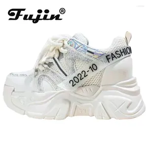 Casual Shoes Fujin 8cm Air Mesh äkta läder Autumn Bling Women Comfy Fashion Ankle Chunky Sneaker Flat Booties Boots Spring Summer
