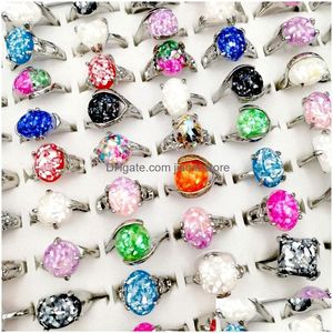 Band Rings Fashion 30Pcs/Lot 100% Natural Gemstone Ring Vintage Sier Shell Broken Metal Finger Fit Women And Men Charm Jewelry Party D Dhwjd