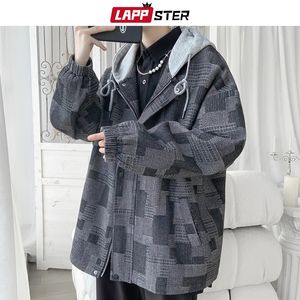 Lappster Vintage z kapturem w kabuli dżins z kapturem Y2K Streetwear Autumn Denim Kurtki Płaszcze Men Korean Fashions Kurtki wiatrówki 240408