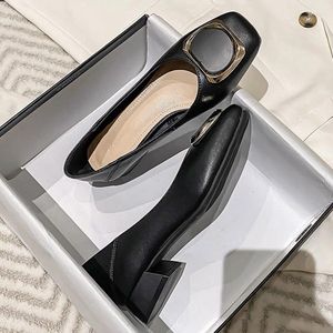 Dress Shoes Women 3cm High Heels Gentle French Style Lady Comfortable Metal Square Buckle Pumps Female Real Leather Office Daily