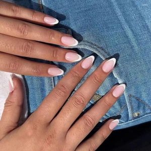 False unhas 24pcs Pressione DIY destacável na borda branca francesa amêndoa curta