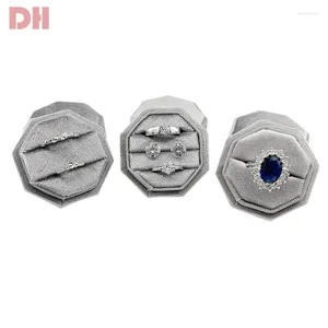 Bolsas de jóias Caixa de anel de veludo cinza com slots duplos para proposta de casamento e exibição de lojas