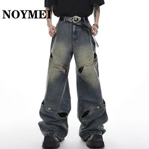 NOYMEI Male Y2k Jeans High Street Patchwork Loose Men Hollow Out Trendy Vintage Metal Button Straight Denim Pant Wide Leg WA1321 240415