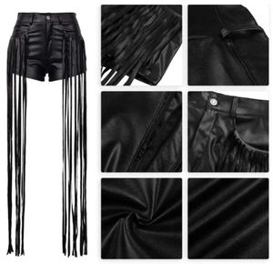 Women's Shorts Long Tassel Black Faux Leather for Women Summer Streetwear High Waist Pockets Zipper Sexy Booty Y2K Club Outfits