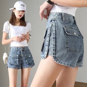 Hög midja tunt fickverktyg denim shorts kvinnor sommar lös modetrend jean kjol dansar jeans y2k korta byxor sexig 240415