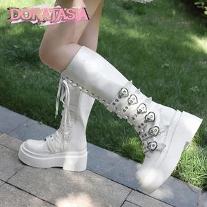 Boots Chunky Platform Women's Booots 2024 Winter Lace Up Zipper Mid Calf Shoes Block Heel Punk Goth Designer Cool Women Street