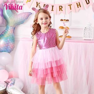 Mädchenkleider Vikita Girls Summer ärmellose Kleider Kinder Geburtstagsfeier Festival Meerjungfrau Print Layered Tulle Mesh Tutu Prinzessin Rosa Kleider T240415