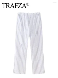 Women's Pants TRAFZA Woman Casual Loose Slim Vintage Long Women Elegant Chic Stripe Pocket Buttons Decorate Wide Leg Streetwear