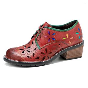 Dress Shoes Summer Genuine Leather Women Oxford Hand-Painted Retro Contrast Cut Out High Heel Lace Up Single Lady Pumps For Spring