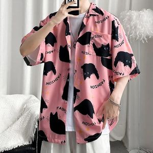 Summer Men Hawaiian Shirt Black Cat Animal 3D Printing Lapel Short Sleeve Plus Size Beach Shirts Street Fashion AllMatch Tops 240415