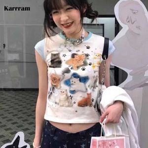 Women's T-Shirt Karrram Y2k Aesthetics Tops Japanese Harajuku T-shirt 2000s Kawaii Cat Print Short Sleeve Tee Shirts Fairycore Patchwork Tshirt