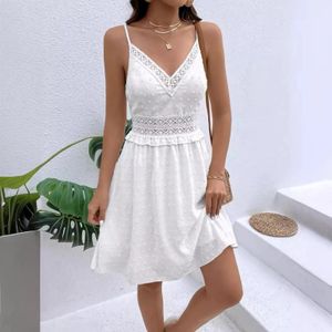 Sexy Lace Stitching Short Dress Women Summer Casual V Neck White Backless Beach Elegant Aline Slip In Dresses 240415