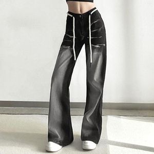 Jeans feminino Moda de streetwear Cool Low Low Caist Tie-Dye Perla reta Leggy calça calça gótica com bolsos 2024