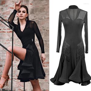 Scen Wear 2024 Latin Dance Dress for Women Sexig svart fransad Chacha Rumba Tango Vuxen Tävlingskläder DN6406