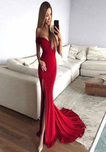 2018 Mermaid Off Shoulder Slit Red Prom Dress Red Long Evening Dresses for Party Events Custom Made7770890