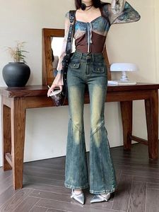 Kvinnors jeans chic lapptäcke flare lady våren höst streetwear mager boot cut