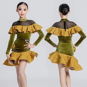 Scen Wear Latin Dance Practice Clothes for Girls Winter Long Sleeved Split kjolar Suit Chacha Rumba Tango Dress DN16684