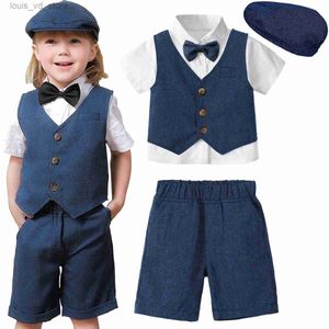 Zestawy odzieży Baby Boy Ubrania z kapeluszem maluch ślubnych zestawu dla niemowlęcia przyjęcia urodzinowe strój dżentelmen Formalne krótkie rękawy 4PCS T240415