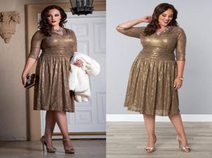 Cheap Gold Lace Plus Size Special Occasion Dresses Sheer Sleeves Tea Length Elegant Shining Champagne Prom Evening Gowns With VNe8925432