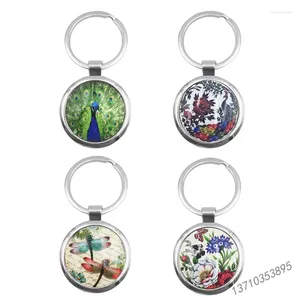 Keychains Peacock Keychain Bird Feather Patterns 25mm Glass Cabochon Bag Car Key Chain Ring Holder Charms