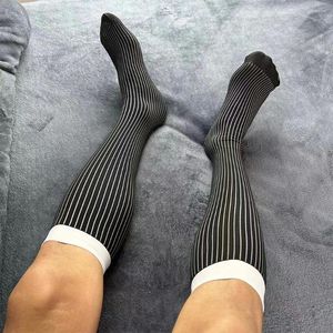 Men's Socks Sexy Hosiery 1 Pairs Mens Ribbed Dress Fashion Casual Striped Breathable Business Gay Male Silk