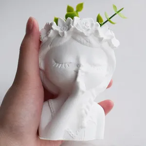 Vases 3D Cute Girl Head Shaped Flower Pot Epoxy Mold Pen Holder Candle DIY Cement Planter Resin Silicone Mould Vase