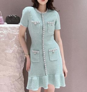 Party Dresses Women's Light Green Diamond Dress Short Sleeve Round Neck Slim High Waist Pocket Office Ladies Elegant Mini