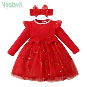 Abiti da ragazza 0-24m NABINA Birthday Birthday's Valentine Day Dress Abito a manica lunga Bowknot Mish Mesh Abito da ballo con fascia con fascia per la testa