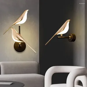 Vägglampa led akryl gyllene silver magpie fågel nattlampor för vardagsrum sovrum sovrum trapp 360 ° roterbar beröring switch
