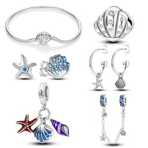 Shell Seestarfish Conch Schmuck Set für Frauen Hochzeit 925 Silber Ozean Charme Zirkonia Originalarmband Ohrringe Anzug Juwelry Geschenk 240410