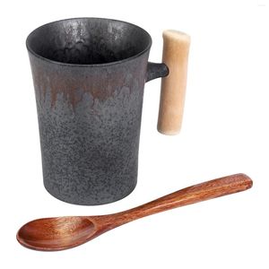 Mugs 300Ml Creative Handmade Ceramic Coffee Mug With Spoon Rust Glaze Wooden Handle Water Cup For Home/Office