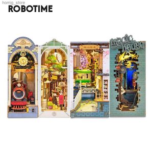 3D Puzzles Robotime Rolife Book Nook Diy Dollhouse Furniture 4 Kinds BookNook Bookends Model Kit With LED Light For Bookhelf Insert Decor Y240415