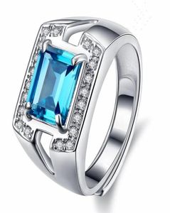 Blue Crystal Aquamarine Topaz Clażen Pierścienie Diamenty dla mężczyzn Białe złote srebrne kolor biżuterii