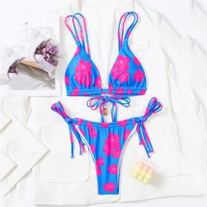 Kadın Mayo Bikini Seti Seksi Çiçek Baskı Üçgen Bikinis String Lace-Up Push Up Micro Thong Mayo Kadınlar Mujer