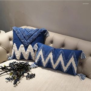 Kudde Navy Blue Cover Case Zigzag Tufted Handmased For Sofa Seat Tassles Home Decorative Canvas 45x45cm