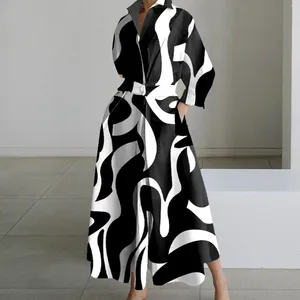 Casual Dresses Women's Dress Long Sleeve Prints Elegant Maxi For Women 2024 Black White V Neck Shirt Party Robe Femme