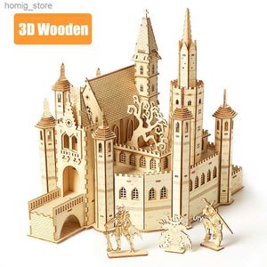 3D -pussel Ury 3D Träpussel House Royal Knights Castle With Box Assembly Retro Toy For Kids Adult Diy Model Kits Decoration Gifts Y240415