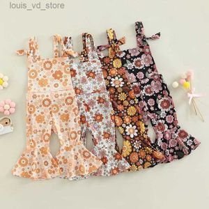 Overalls Focusnorm 0-4y Lovely Baby Girl Romper Pants 4 Style Flowers Tryckt ärmlös från axel ruffle High midje flare Jumpsuit T240415