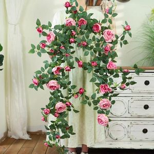 Flores decorativas de seda sweetheart rosas videiras videiras artificiais plantas de planta de jardim de jardim simulação flor rosa branca rosa videira decoração