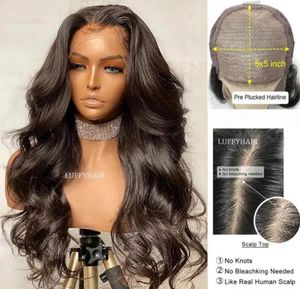 Spetsspårar Luffyhair Wavy Human Hair With Baby Glueless 5x5 Silk Base 150 Densitet Brasiliansk Fake Halning Top Front32301629742424