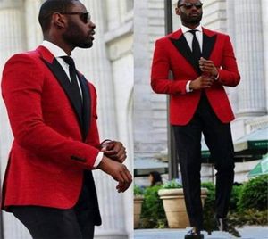 Custom Made Cheap Red Wedding Groom Tuxedos 2018 Two Piece Black Peaked Lapel Slim Fit Groomsmen Suits JacketPants9579467