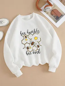 Damen Hoodies Pullovers O-Neck lässige Frauen Cartoon Kleidungsdruck Biene Blumenblumen-Trend 90er Jahre Schöne Modedame Fleece Grafik