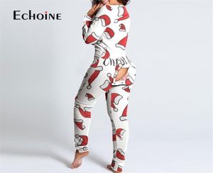 Echoine Bahar Sonbahar Kadın Seksi Düğmesi Açık Kasık Yetişkinleri Onesies Uzun Kollu Vneck Noel Pijama Romper Tulum Nightwear5937763