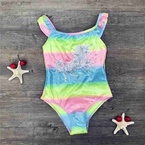 One-Pieces Sequins Children Kids Swimwear Rainbow Print Baby Girls One Piece Swimsuit Falbala Teen Kids Bathing Suit Monokini Y240412Y240417NBBB