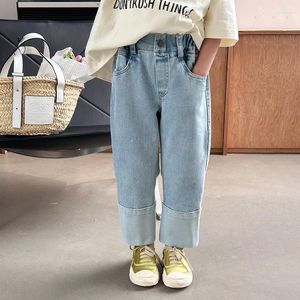 Hose Kinder Spleißen Jeans Mädchen Mode Persönlichkeit Kontrastierende Farben Freizeit gerade Zylinderhosen 2024 Frühling Herbst Süß