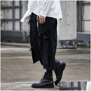 Mens Pants Men Ribbon Splice Loose Casual Black Wide Leg Pan Male Japan Streetwear Hip Hop Gothic Punk Harem Trousers Kimono Skirt Dro Dhghk