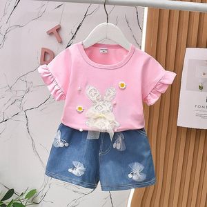 Kläder sätter pojkar pyjamas småbarn flicka påskkläder baby sommarkläder söta bågen applikationer skjortor toppar denim shorts set lite