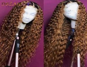 New loose Curly brazilian full Lace Front Wigs Pre Plucked natural synthetic hair ombre brown color Lace Frontal Wig For Women4162314