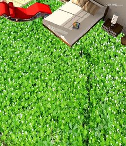 Papéis de parede Flores de grama 3D de piso e folhas verdes Pintura de piso branco PVC PVC para banheiros